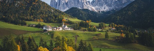 Drzewa, Santa Maddalena, Góry, Wieś, Włochy, Domy, Dolomity