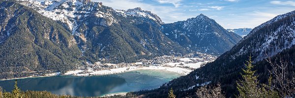 Dolina, Drzewa, Jezioro, Góry, Zima, Austria, Tyrol, Achensee, Achental