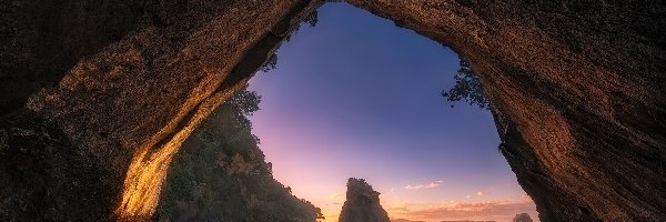 Morze, Jaskinia, Nowa Zelandia, Region Waikato, Zachód słońca, Skały, Półwysep Coromandel, Cathedral Cove