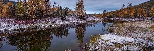 Rzeka, Drzewa, Wzgórza, Śnieg, Odbicie