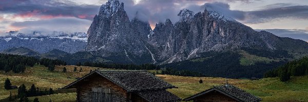 Drzewa, Dolomity, Drewniane, Płaskowyż, Włochy, Seiser Alm, Val Gardena, Chmury, Dolina, Góry Sassolungo, Domki