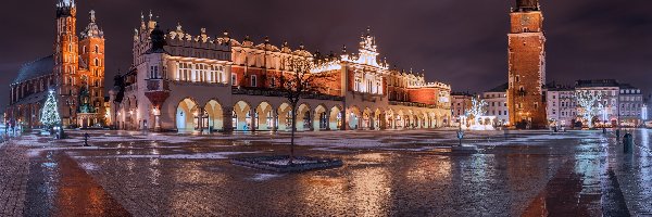 Kościół Mariacki, Sukiennice, Rynek Głowny, Kraków, Polska, Noc, Wieża ratuszowa, Zabytki, Kościół Wniebowzięcia Najświętszej Marii Panny