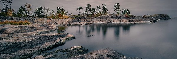 Rosja, Trawy, Skały, Drzewa, Zachód słońca, Karelia, Jezioro Ładoga