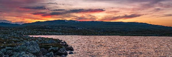 Płaskowyż Hardangervidda, Skały, Jezioro, Norwegia, Góry, Wschód słońca