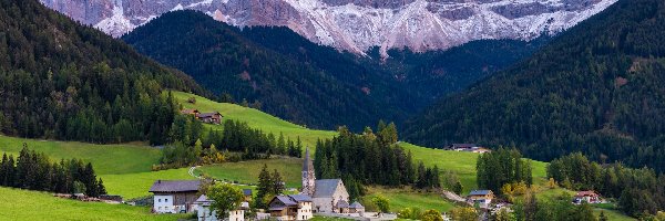 Kościół, Południowy Tyrol, Drzewa, Domy, Dolomity, Wieś, Santa Maddalena, Włochy, Góry, Łąki