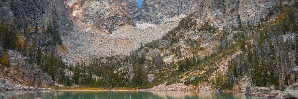 Drzewa, Jezioro, Stany Zjednoczone, Wyoming, Delta Lake, Skały, Park Narodowy Grand Teton, Góry