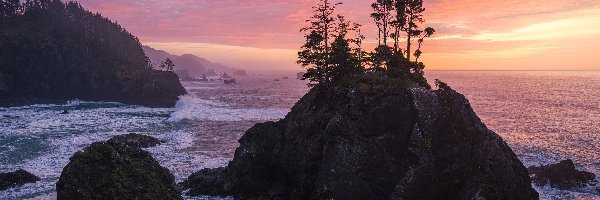 Samuel H Boardman State Scenic Corridor, Skały, Stany Zjednoczone, Park stanowy, Wybrzeże, Wschód słońca, Chmury, Morze, Drzewa, Oregon