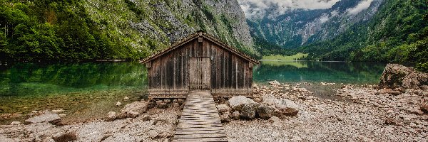 Szopa, Góry, Chmury, Pomost, Park Narodowy Berchtesgaden, Jezioro Obersee, Kamienie, Niemcy, Alpy, Lasy