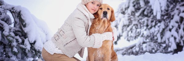 Drzewa, Golden retriever, Śnieg, Pies, Dziewczynka, Ośnieżone, Zima
