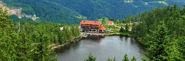 Drzewa, Jezioro Mummelsee, Hotel Berghotel, Góry, Północny Schwarzwald, Niemcy