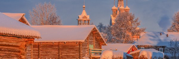 Zima, Obwód archangielski, Drzewa, Ośnieżone, Kimzha, Cerkiew, Domy, Rosja