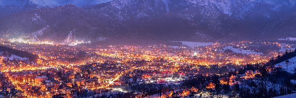 Zakopane, Oświetlone, Miasto, Polska, Góry, Zima