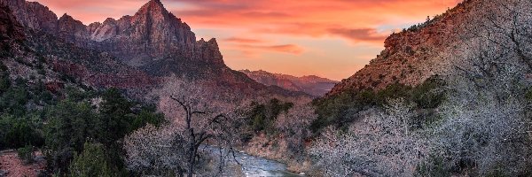 Jesień, Drzewa, Rzeka Virgin River, Góry Watchman, Park Narodowy Zion, Stany Zjednoczone, Stan Utah, Kamienie, Zachód słońca