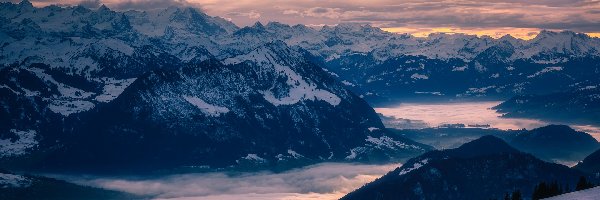 Drzewa, Góry, Szwajcaria, Chmury, Prealpy, Mgła, Zachód słońca, Zima