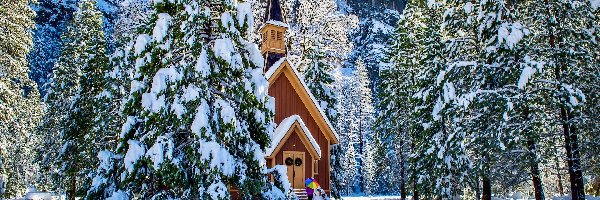Kaplica, Kościół, Park Narodowy Yosemite, Kalifornia, Stany Zjednoczone, Drzewa, Ośnieżone, Zima, Świerki