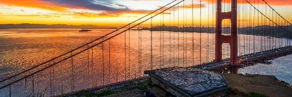 Stan Kalifornia, Cieśnina Golden Gate, Zachód słońca, Stany Zjednoczone, Golden Gate Bridge, Most