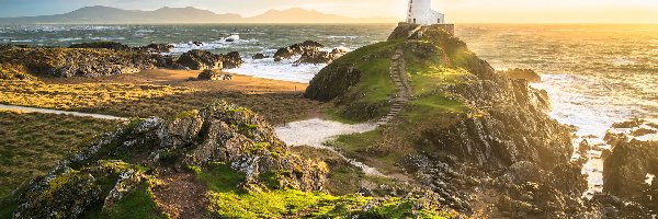 Latarnia morska, Ynys Llanddwyn, Morze, Walia, Wielka Brytania, Skały, Schody, Wyspa, Twr Mawr