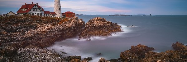 Stany Zjednoczone, Skały, Morze, Domy, Latarnia morska Portland Head, Maine, Cape Elizabeth