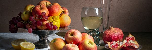 Jabłka, Patera, Kompozycja, Granaty, Talerze, Winogrona, Cytryny, Owoce