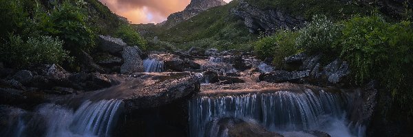 Rzeka, Góra Zervreilahorn, Góry, Szwajcaria, Rośliny