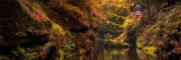 Skała, Las, Czechy, Park Narodowy Czeska Szwajcaria, Drzewa, Dom, Rzeka Kamienica, Jesień