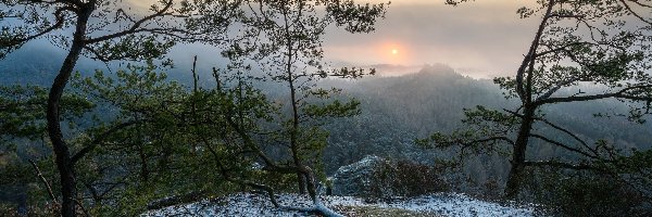 Śnieg, Góry, Drzewa, Skały, Mgła, Wschód słońca