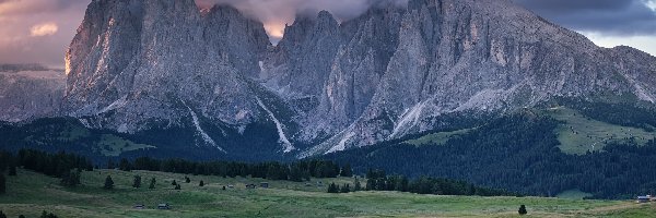 Łąki, Drewniane, Dolomity, Drzewa, Włochy, Sassolungo, Domki, Płaskowyż, Góry, Chmury, Seiser Alm, Val Gardena, Dolina