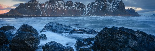 Cypel Stokksnes, Skały, Morze, Islandia, Vestrahorn, Góry