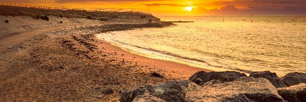 Kamienie, Morze, Anglia, Essex, Plaża, Holland Haven Country Park, Clacton on Sea, Wschód słońca