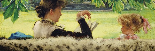Kobieta, Obraz, Książka, Kasztanowiec, James Tissot, Dziecko, Dziewczynka, Malarstwo