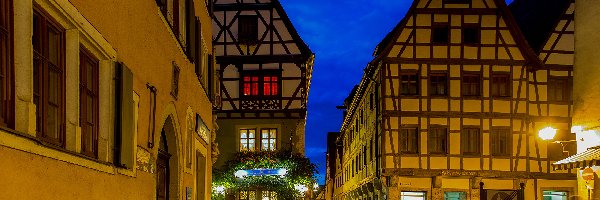 Rothenburg, Latarnia, Noc, Niemcy, Ulica, Domy