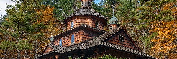 Catskill, Kościół, Stany Zjednoczone, Jewett, Jesień, Drzewa, Katolicki Ukraiński Kościół św Jana Chrzciciela, Drewniany, Las, Stan Nowy Jork