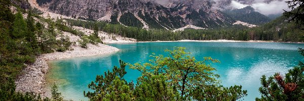 Chmury, Alpy, Jezioro, Góry, Włochy, Drzewa, Lago di Braies