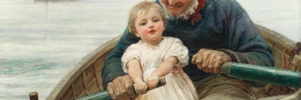 Łódka, Mężczyzna, Dziecko, Frederick Morgan, Obraz, Malarstwo