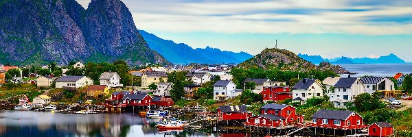 Skały, Góry, Morze Norweskie, Lofoty, Norwegia, Wioska Reine, Domy