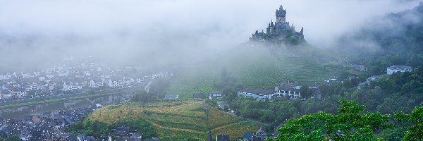 Zamek Reichsburg, Mgła, Domy, Niemcy, Miasto Cochem