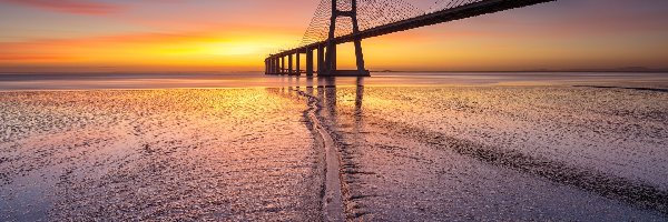 Lizbona, Zachód słońca, Most Vasco da Gama, Portugalia, Tag, Rzeka