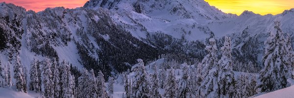 Drzewa, Zima, Zachód słońca, Góra, Stany Zjednoczone, Mount Shuksan, Ośnieżone, Stan Waszyngton, Las, Góry, Park Narodowy Północnych Gór Kaskadowych