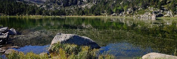 Kamienie, Jezioro, Andora, Encamp, Llac dels Pessons, Trawa, Drzewa, Góry
