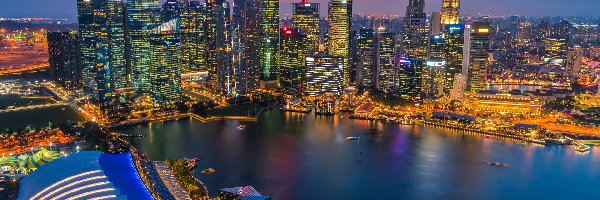 Marina Bay, Most, Zatoka, Singapur, Wieżowce, Zachód słońca