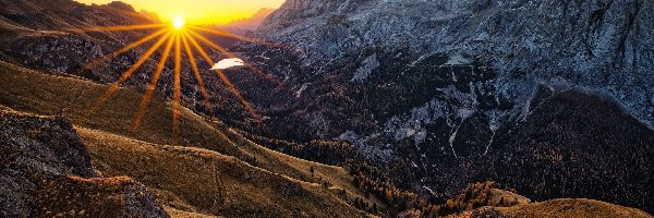 Promienie słońca, Dolomity, Marmolada, Jesień, Góry, Włochy