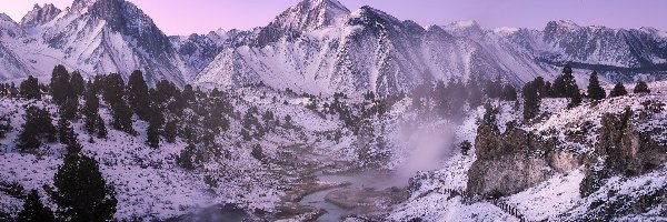 Dolina, Stany Zjednoczone, Rzeka, Hrabstwo Mono, Inyo National Forest, Miejscowość Mammoth Lakes, Zima, Lasy państwowe, Góry, Kalifornia, Hot Creek