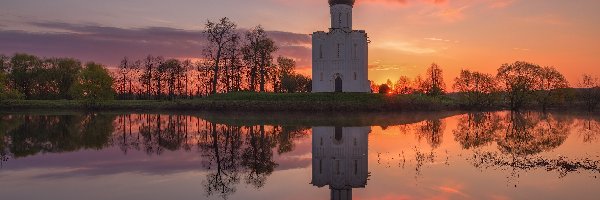 Cerkiew, Jezioro, Odbicie, Zachód słońca, Drzewa