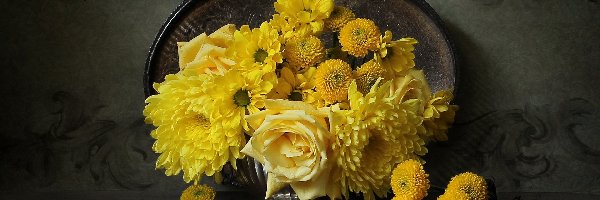 Róże, Bukiet kwiatów, Chryzantemy, Żółte