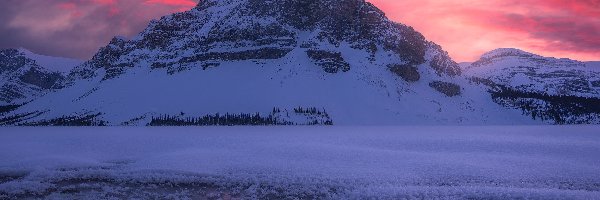 Drzewa, Góry, Kanada, Park Narodowy Banff, Góra Crowfoot Mountain, Zachód słońca, Jezioro Bow Lake, Zima