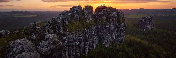 Góry Połabskie, Skały, Schrammsteine, Niemcy, Zachód słońca, Park Narodowy Saskiej Szwajcarii