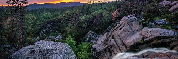 Zachód słońca, Arizona, Drzewa, Wolf Creek, Prescott, Skały, Potok, Stany Zjednoczone