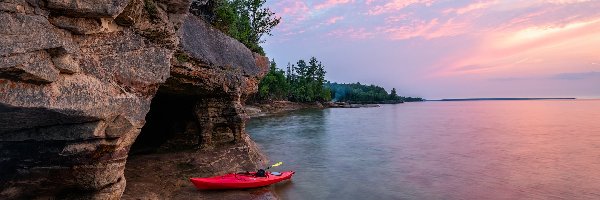 Drzewa, Jezioro, Superior Lake, Michigan, Stany Zjednoczone, Kajak, Skały