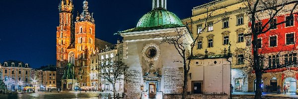 Kamienice, Rynek, Bazylika Mariacka, Kraków, Polska, Noc, Kościół Świętego Wojciecha