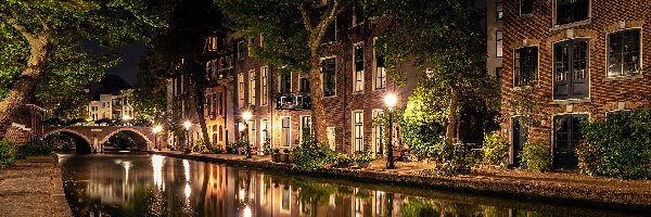 Kanał, Utrecht, Most, Noc, Rzeka, Domy, Światła, Holandia